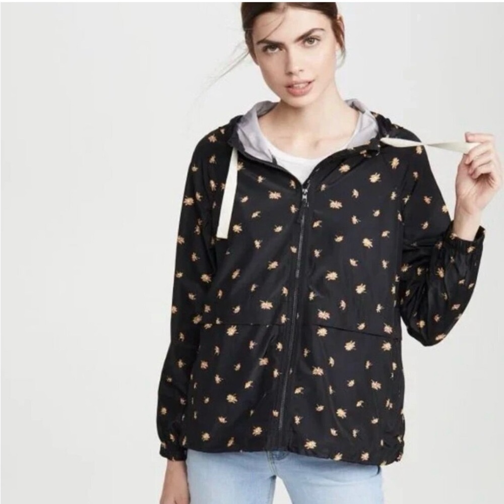 Madewell Black Hooded Windbreaker with Small Tan Floral Print